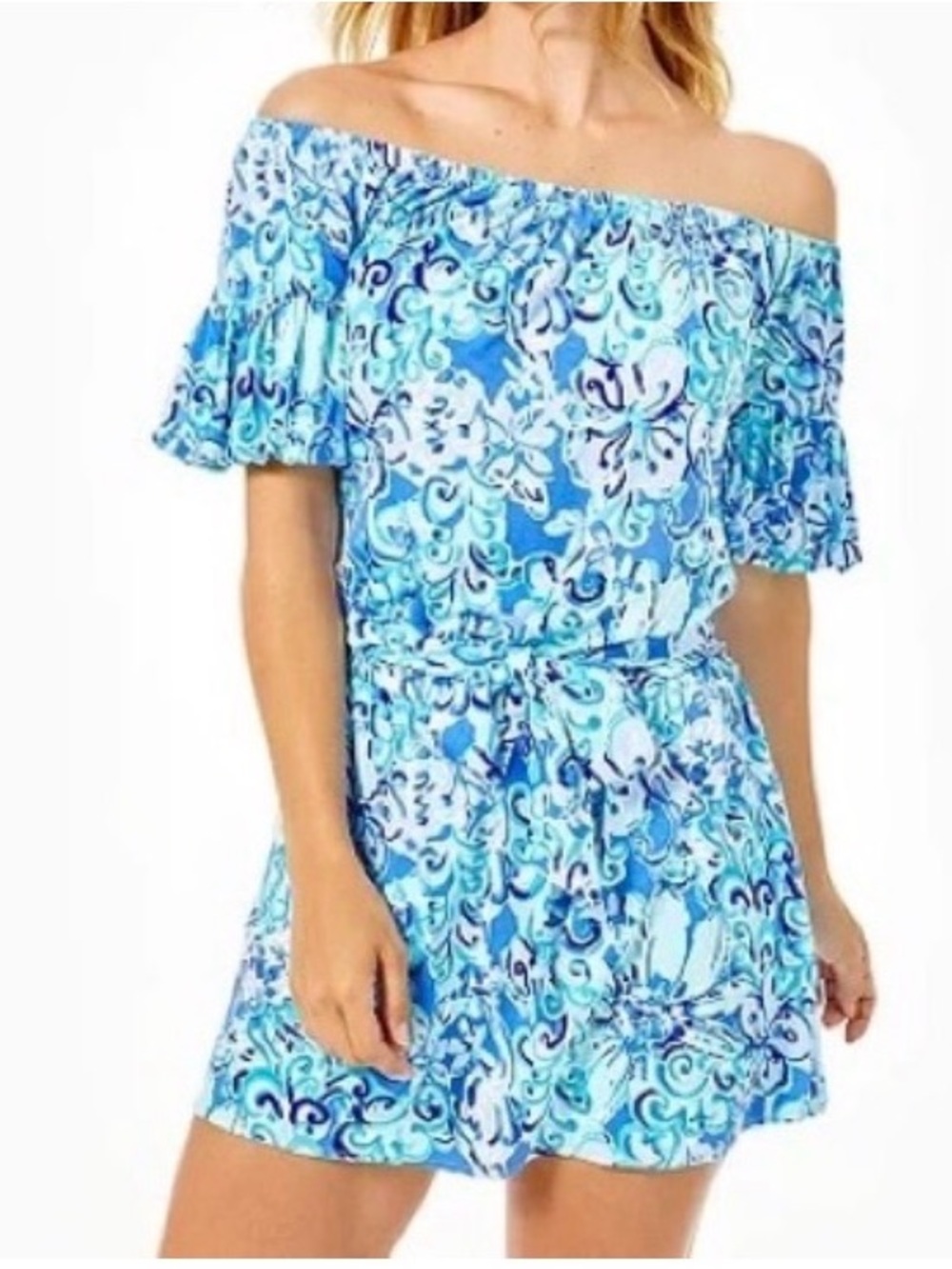 Lilly Pulitzer Blue and White Floral Off-Shoulder Romper